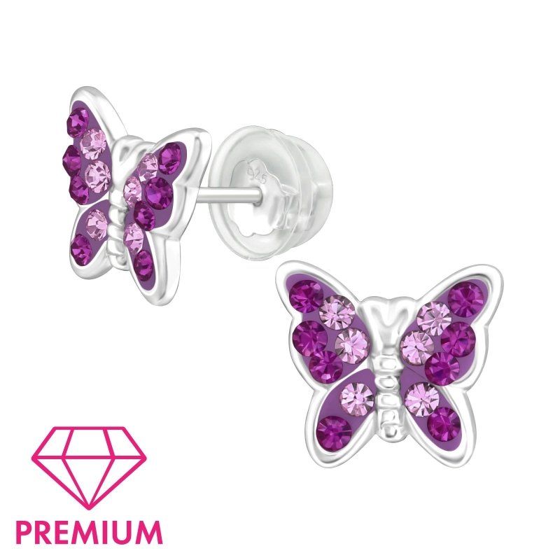 Zilveren kinder oorbellen vlinder met kristalletjes paars - Staartjes en Strikjes