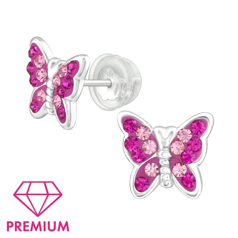 Zilveren kinder oorbellen vlinder met kristalletjes roze - Staartjes en Strikjes