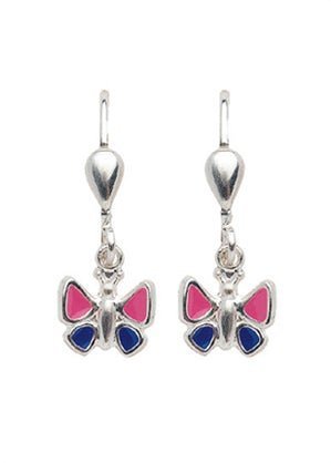 Zilveren kinder oorbellen vlinder roze/paarsblauw brisure sluiting/oorslinger - Staartjes en Strikjes