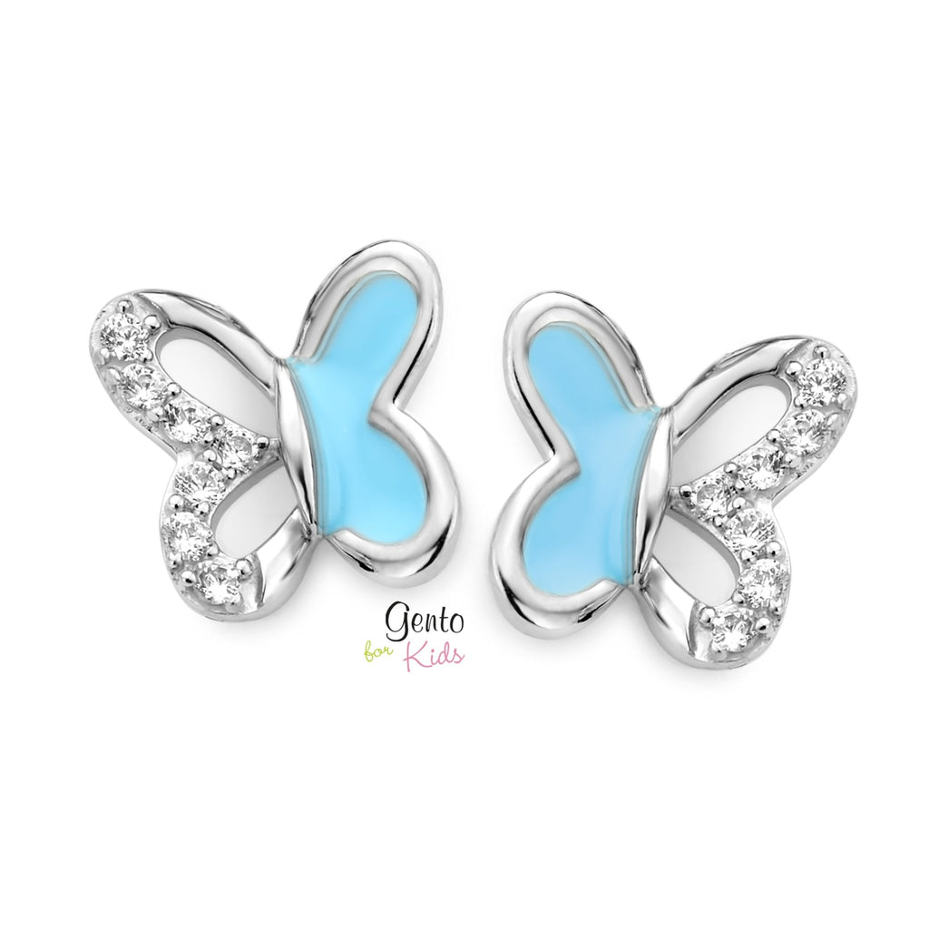 Zilveren kinder oorbellen vlindertjes blauw met steentjes Gento for kids - Staartjes en Strikjes