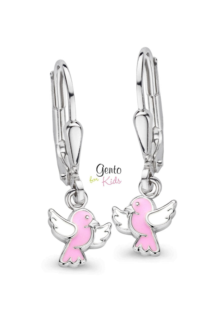 Zilveren kinder oorbellen vogeltjes roze Gento for kids brisure sluiting/oorslinger - Staartjes en Strikjes