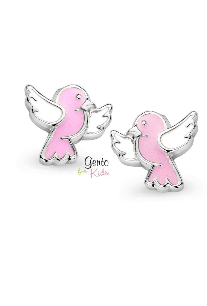 Zilveren kinder oorbellen vogeltjes roze/wit Gento for kids - Staartjes en Strikjes
