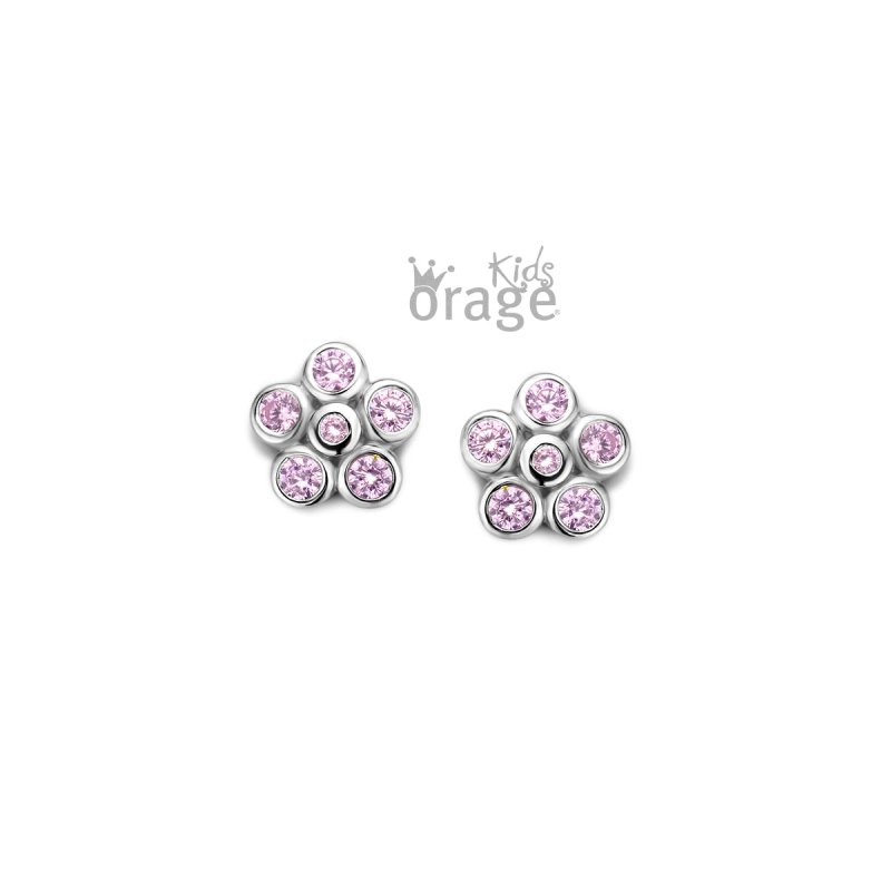 Zilveren kinderoorbellen bloemetje klein met roze zirconia steentjes Orage - Staartjes en Strikjes