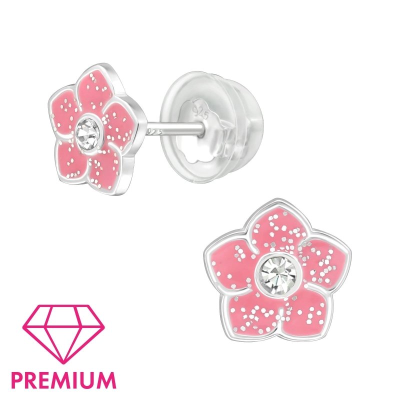 Zilveren kinderoorbellen bloemetjes roze met kristalletje - Staartjes en Strikjes