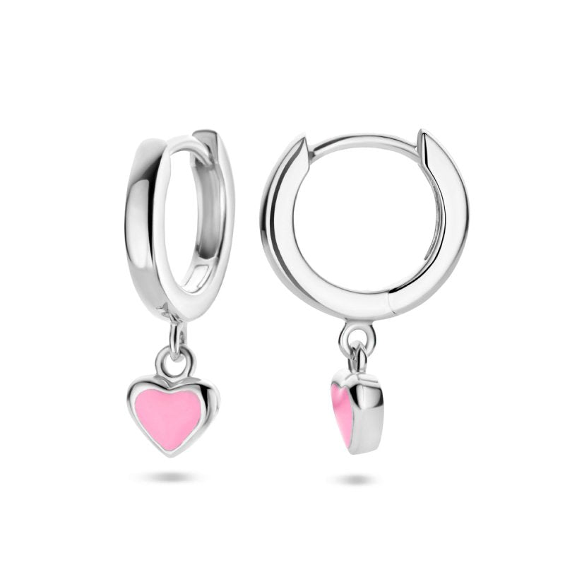 Zilveren kinderoorbellen creolen/oorringen hartje roze - Staartjes en Strikjes