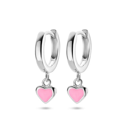Zilveren kinderoorbellen creolen/oorringen hartje roze - Staartjes en Strikjes
