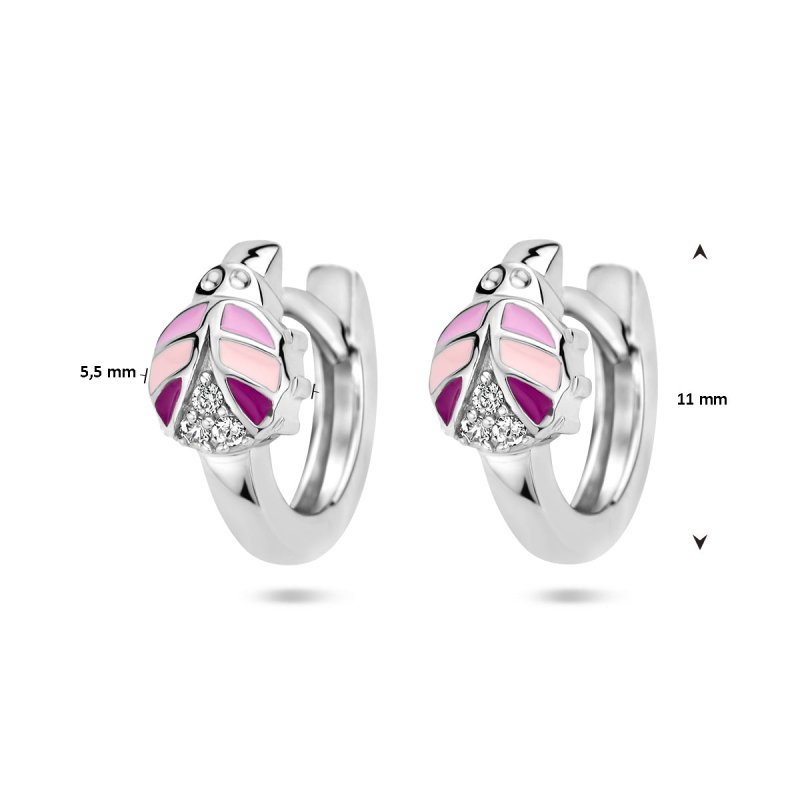 Zilveren kinderoorbellen creolen/oorringen lieveheersbeestje roze zirconia - Staartjes en Strikjes