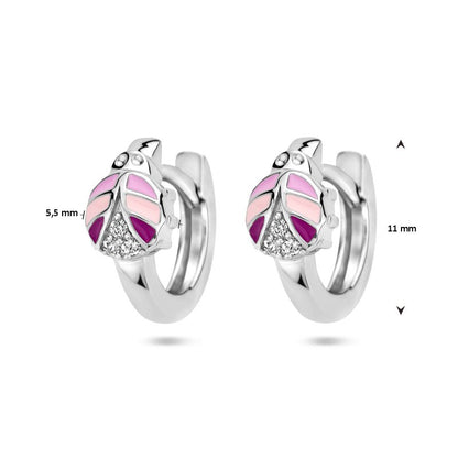 Zilveren kinderoorbellen creolen/oorringen lieveheersbeestje roze zirconia - Staartjes en Strikjes