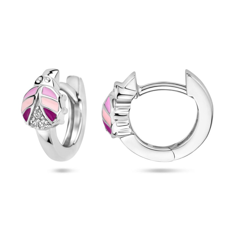 Zilveren kinderoorbellen creolen/oorringen lieveheersbeestje roze zirconia - Staartjes en Strikjes