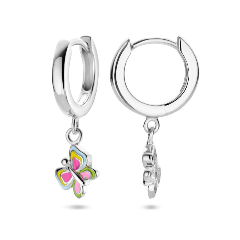Zilveren kinderoorbellen creolen/oorringen vlindertjes multicolor - Staartjes en Strikjes