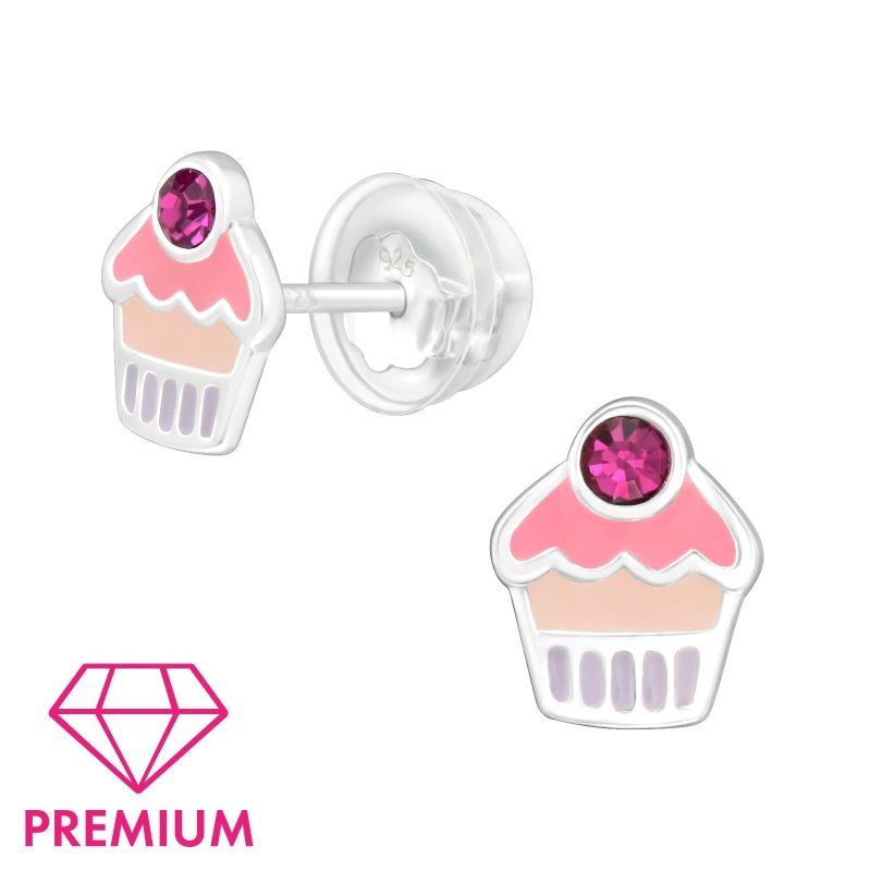 Zilveren kinderoorbellen cupcake paars/roze met kristalletje - Staartjes en Strikjes