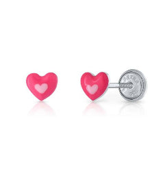 Zilveren kinderoorbellen hartjes roze |schroefsluiting Lapetra - Staartjes en Strikjes