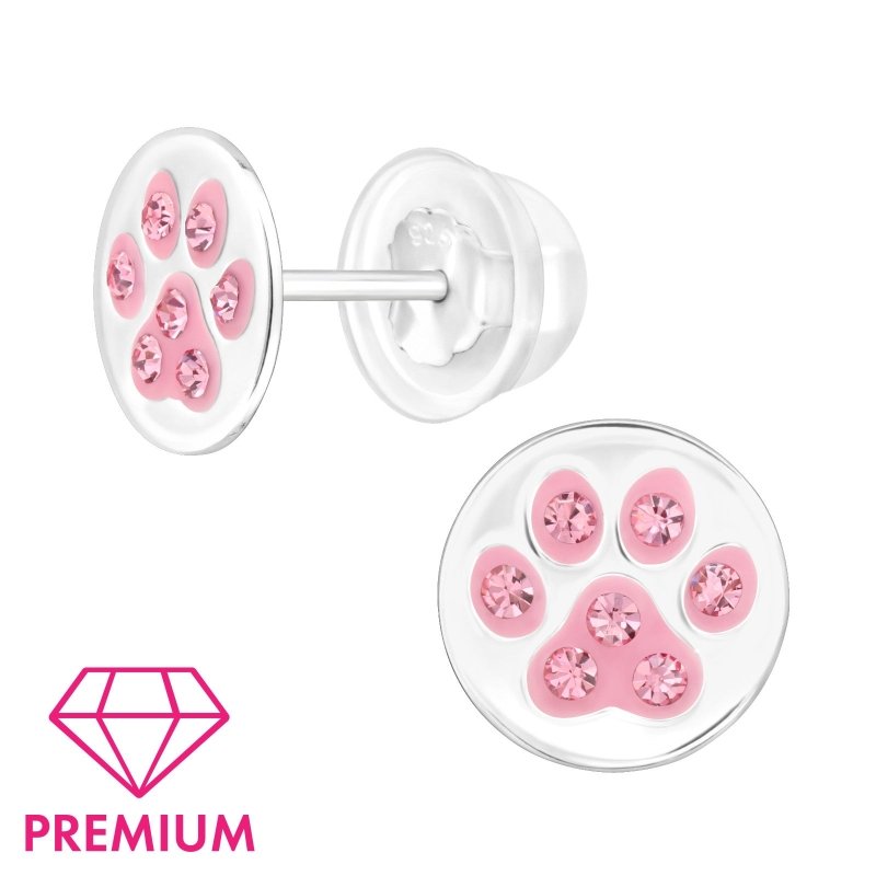 Zilveren kinderoorbellen hondenpootjes roze - Staartjes en Strikjes