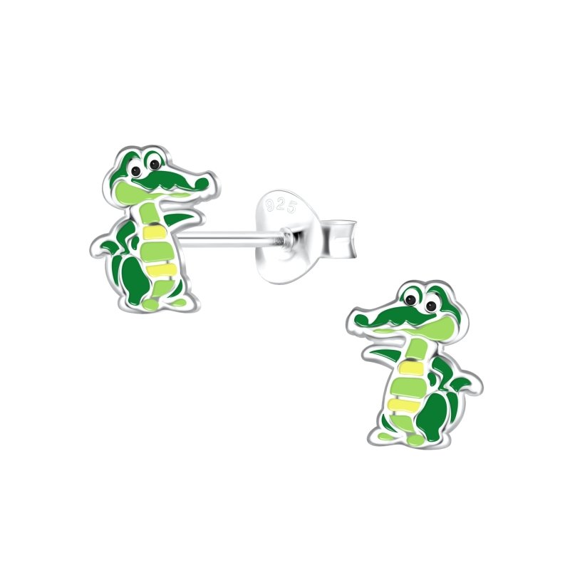 Zilveren kinderoorbellen krokodil groen - Staartjes en Strikjes