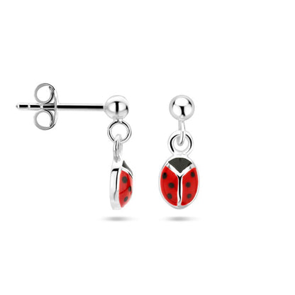 Zilveren kinderoorbellen lieveheersbeestje hangend - Staartjes en Strikjes