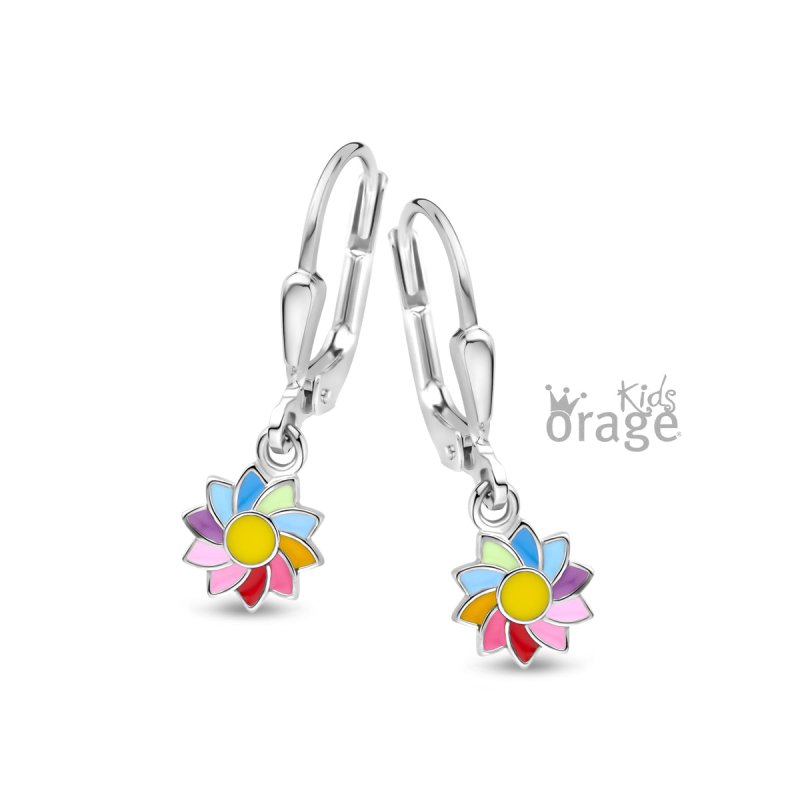 Zilveren kinderoorbellen met hangertjes bloemetjes multicolor Orage Kids - Staartjes en Strikjes
