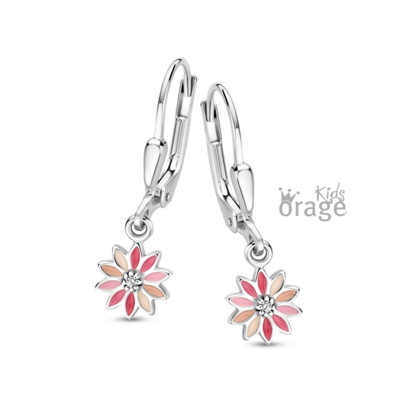 Zilveren kinderoorbellen met hangertjes bloemetjes Orage Kids - Staartjes en Strikjes