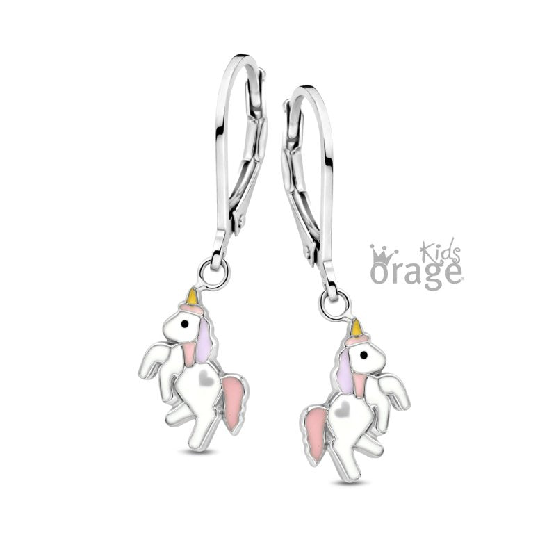 Zilveren kinderoorbellen met hangertjes eenhoorn wit/pastel Orage Kids - Staartjes en Strikjes