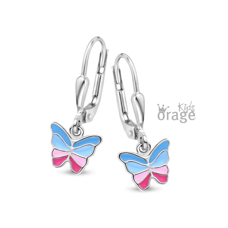 Zilveren kinderoorbellen met hangertjes vlinder blauw/roze Orage Kids - Staartjes en Strikjes
