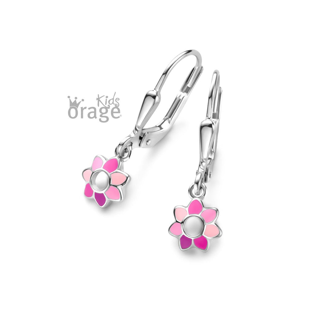 Zilveren kinderoorbellen oorhangers bloemetje roze open Orage Kids - Staartjes en Strikjes