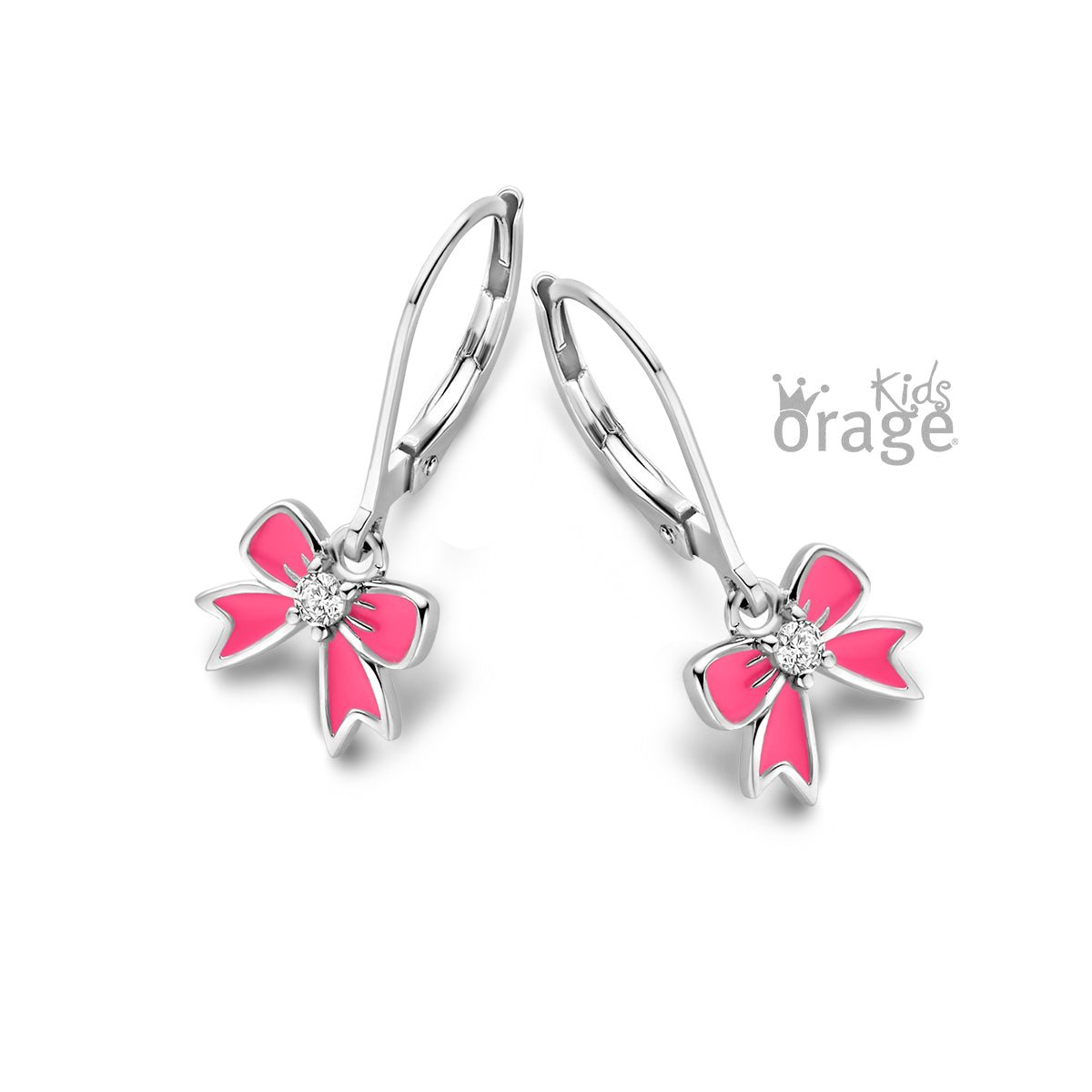 Zilveren kinderoorbellen oorhangers strikjes roze met steentje Orage Kids - Staartjes en Strikjes