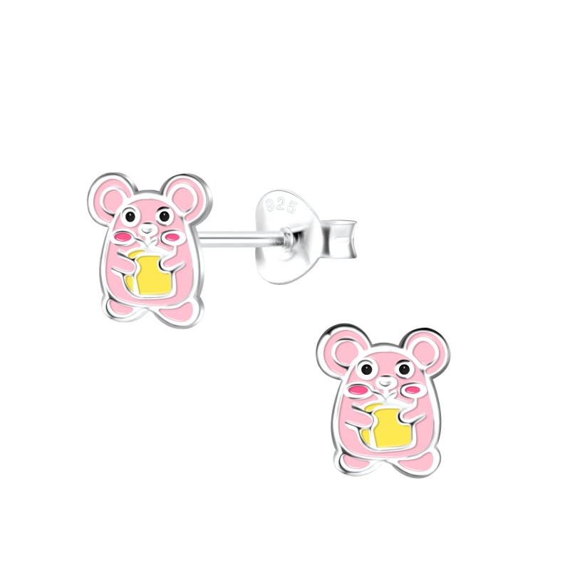 Zilveren kinderoorbellen roze hamster - Staartjes en Strikjes