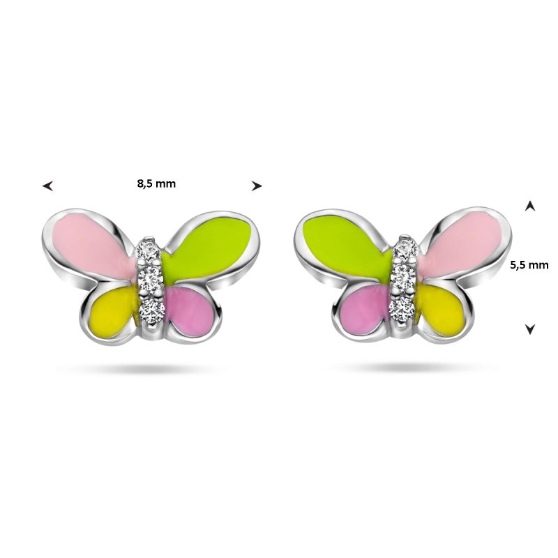 Zilveren kinderoorbellen vlinder met zirconia - Staartjes en Strikjes