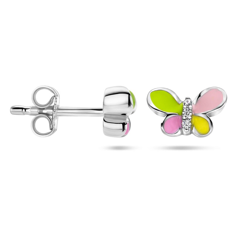 Zilveren kinderoorbellen vlinder met zirconia - Staartjes en Strikjes