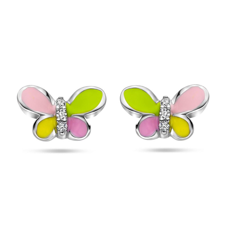 Zilveren kinderoorbellen vlinder met zirconia - Staartjes en Strikjes