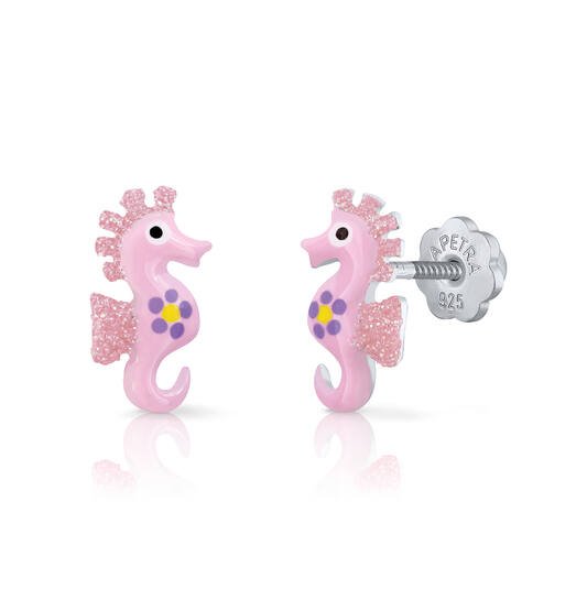 Zilveren kinderoorbellen zeepaardje roze |schroefsluiting Lapetra - Staartjes en Strikjes